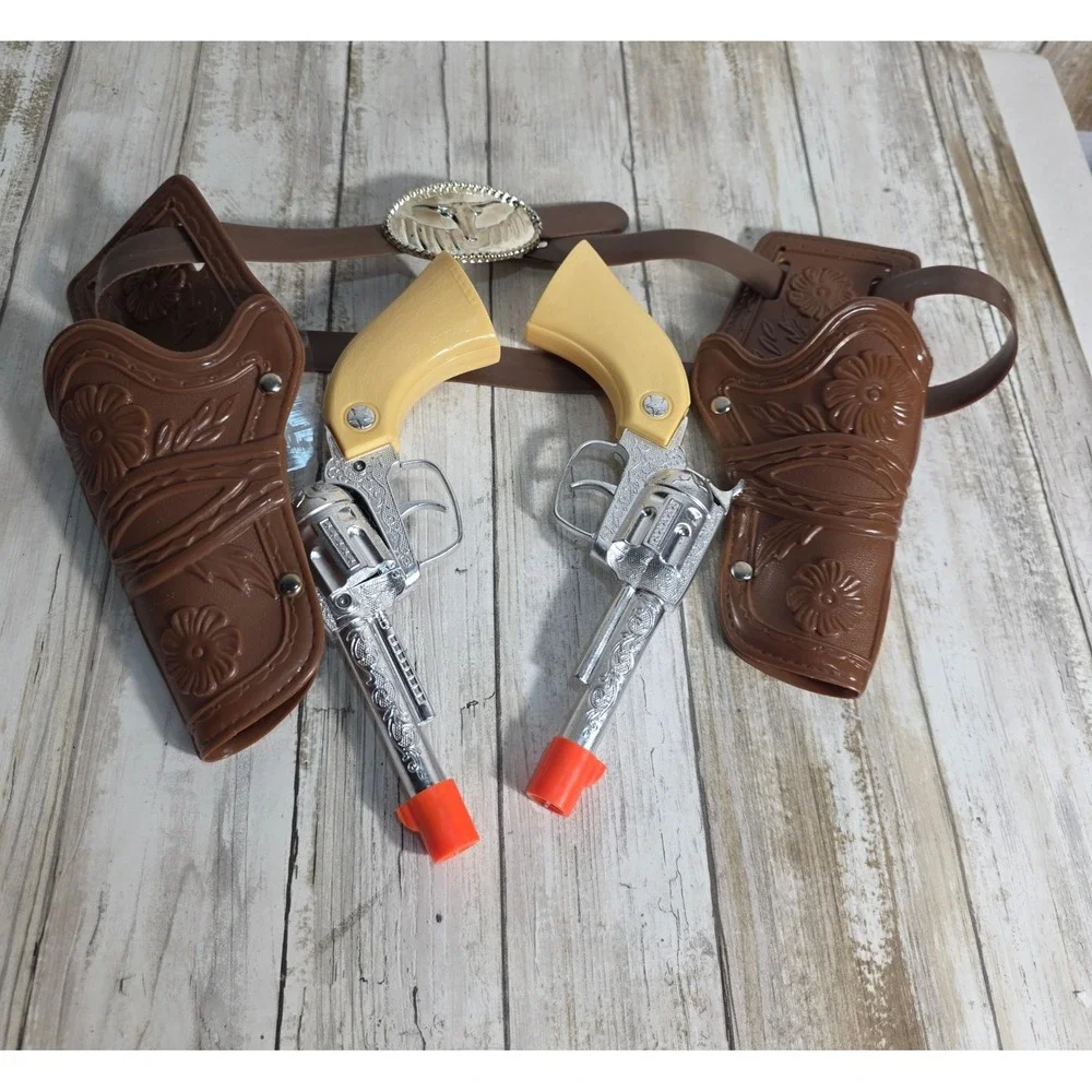 Western Cowboy Toy Pistol Set Dual Holsters Belt Brown Silver Longhorn Buckle